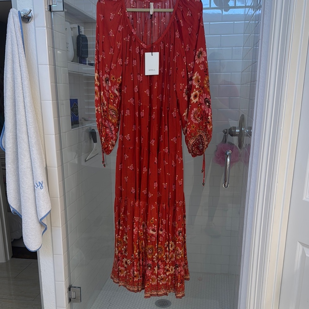 Anthropologie Red and Gold Long Sleeve Sundress